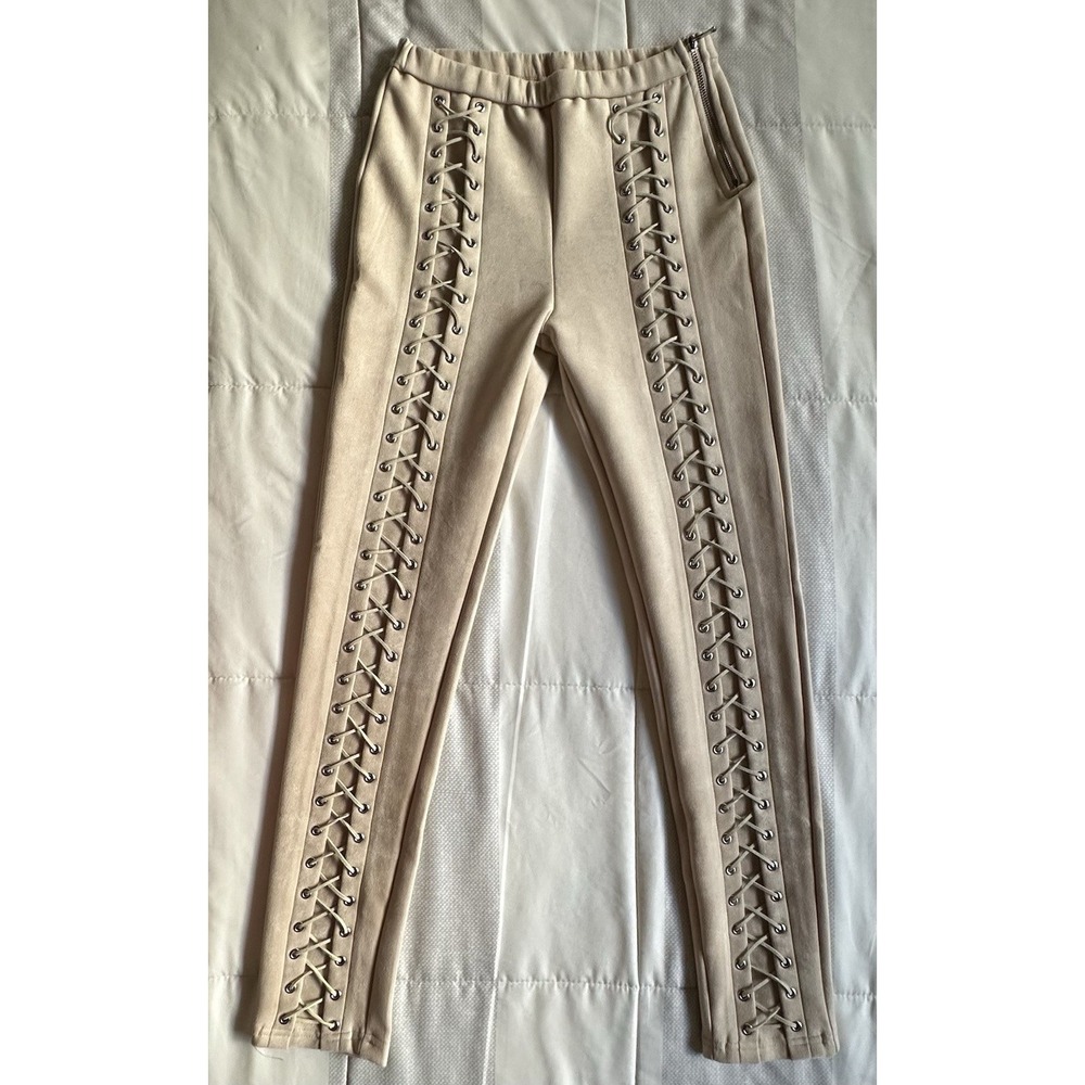 Maniere De Voir Legging Pants Beige Cream Lace Up Faux Suede Side‎ Zip 10UK S